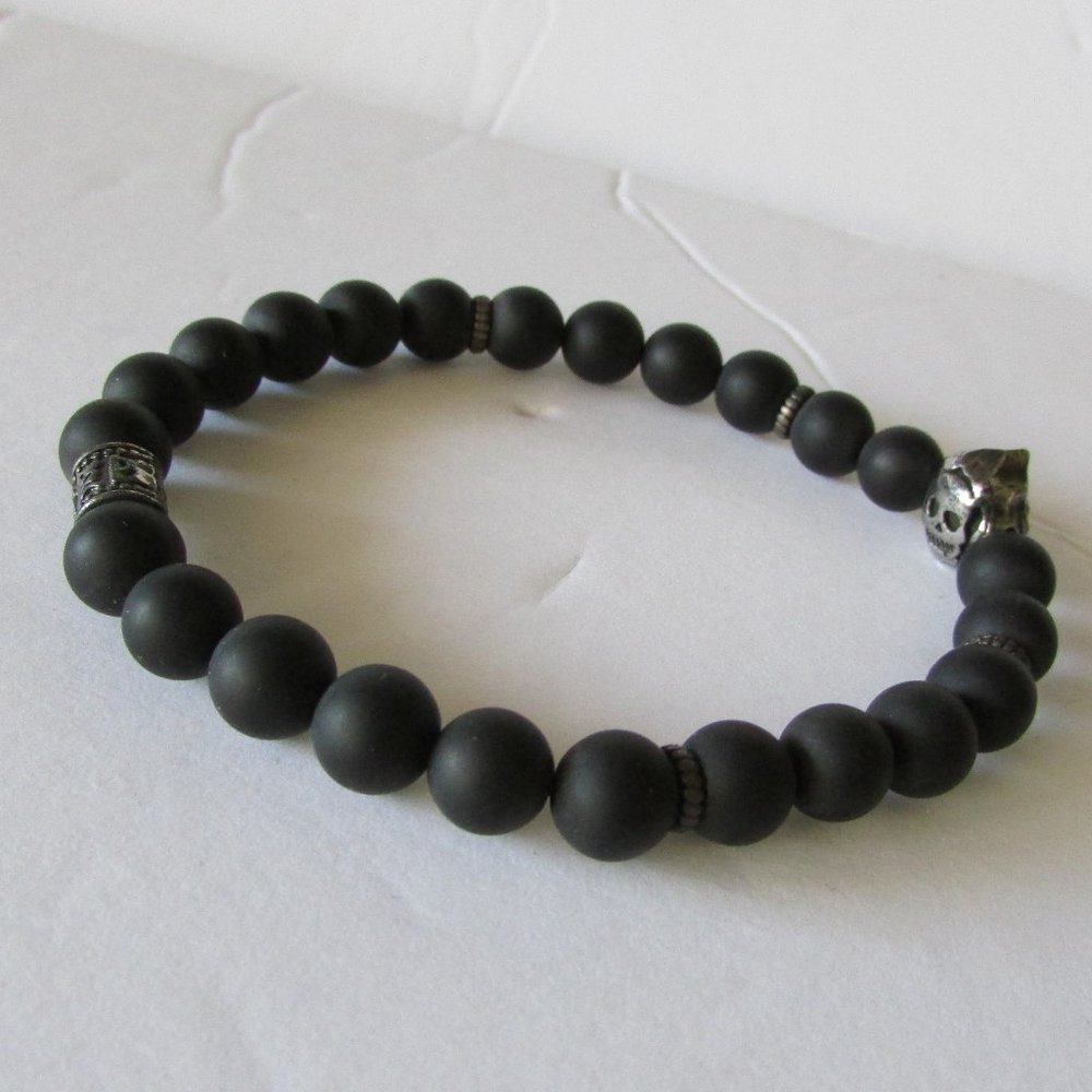 Hematite Beads and Skull Stretch Bracelet Unisex - Picture 2 of 4